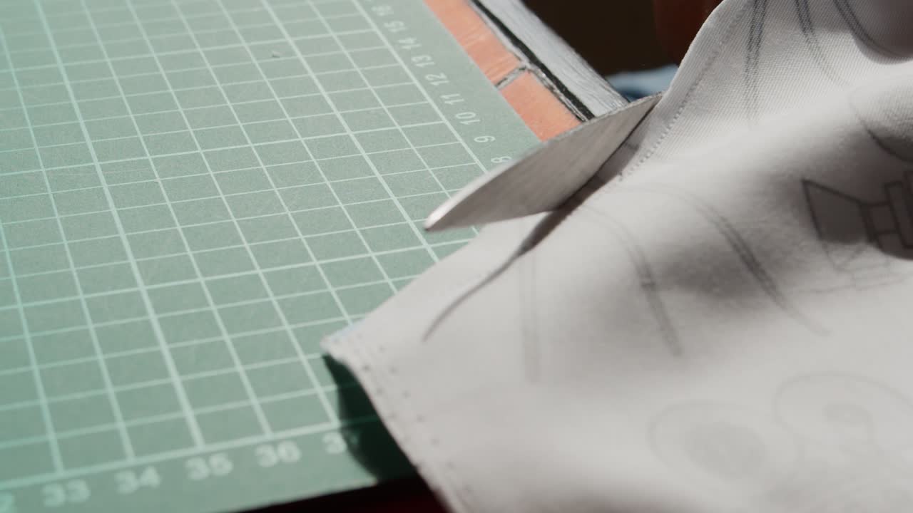 Cutting along a sewn edge on a cutting board with scissors