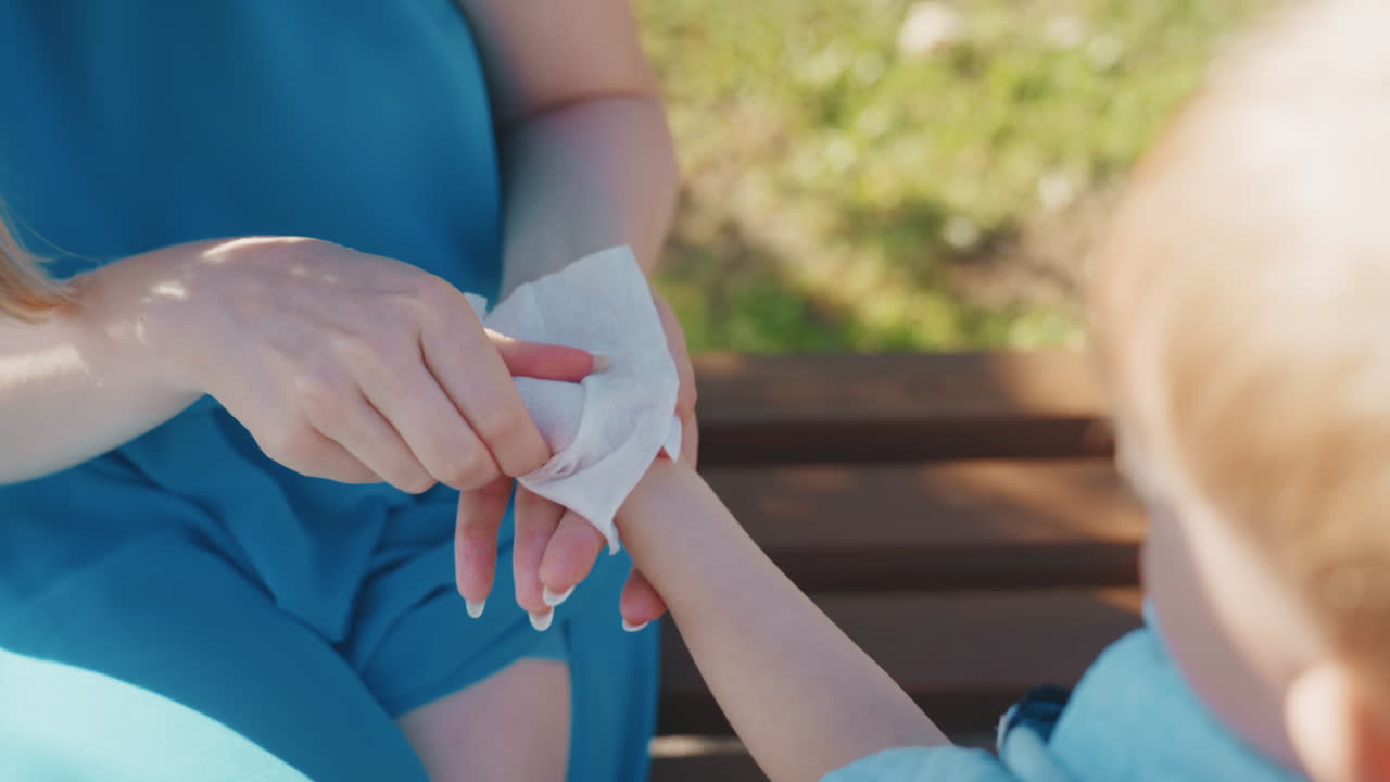 Primo piano di una madre bianca che pulisce la mano sbucciata del figlio su una panchina del parco nel fine settimana, un momento familiare soleggiato, un fazzoletto delicato che pulisce una piccola ferita sanguinante, conforto materno e dolce rassicurazione, genitorialità all'aperto.
