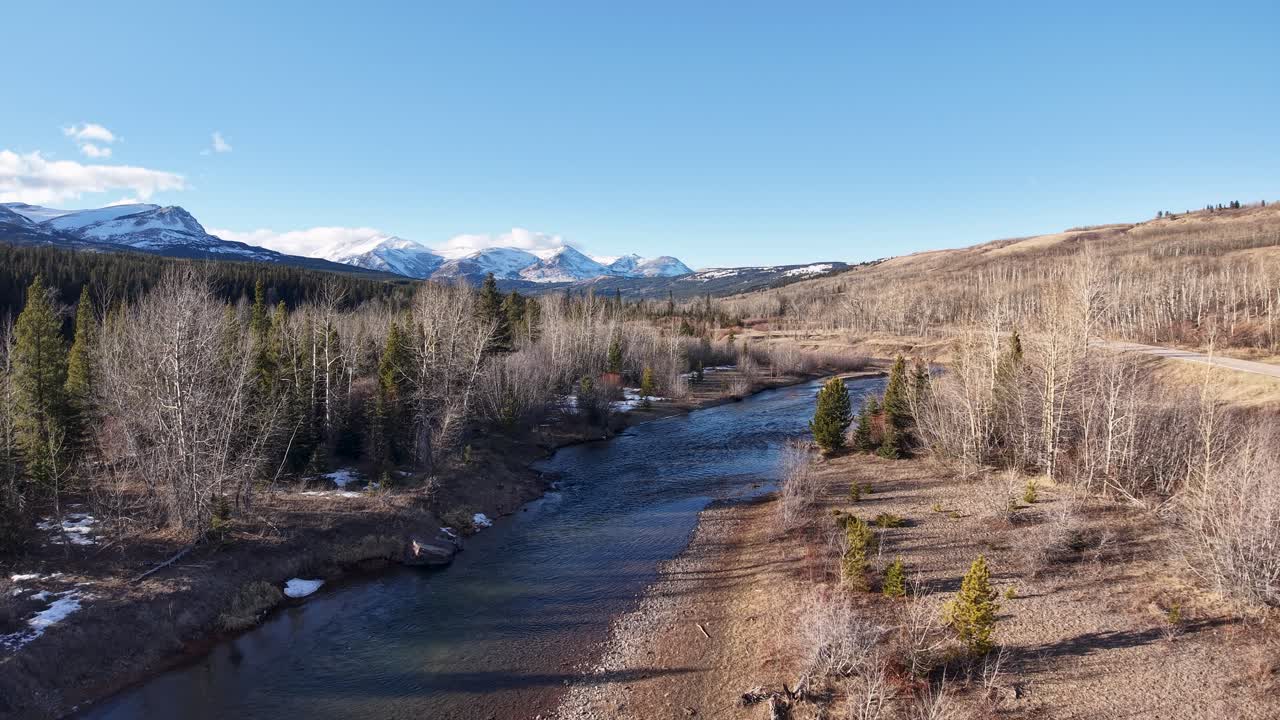 Riprese aeree con drone che mostrano un fiume tortuoso circondato da alberi e rive erbose sotto un cielo azzurro brillante, con riflessi sull'acqua calma