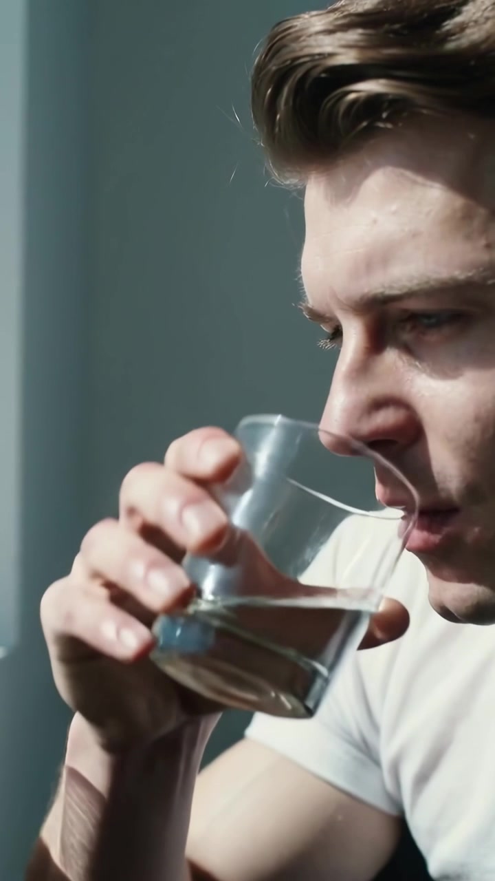 Vídeo vertical: Homem de camiseta branca levantando um copo transparente e bebendo água perto da janela, motivado pela sede.