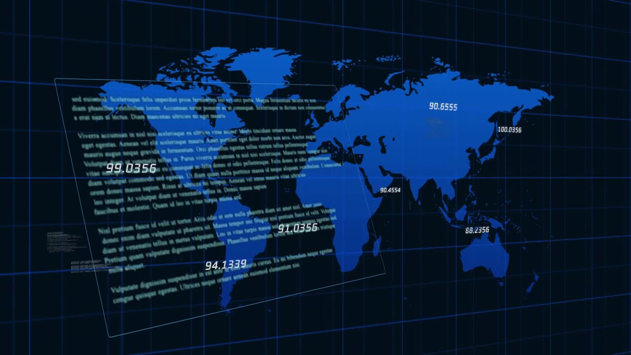 Animation of data processing over world map on black background