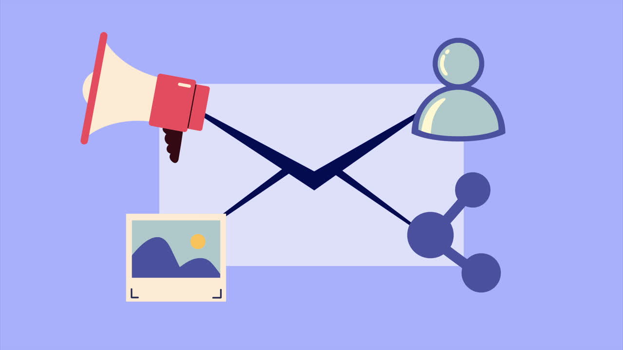 메가폰과 공유 기호 애니메이션을 가진 봉투