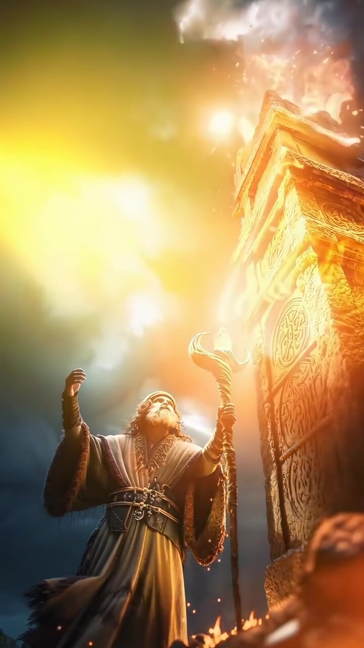 Ancient Wizard Casting a Powerful Spell with a Glowing Staff