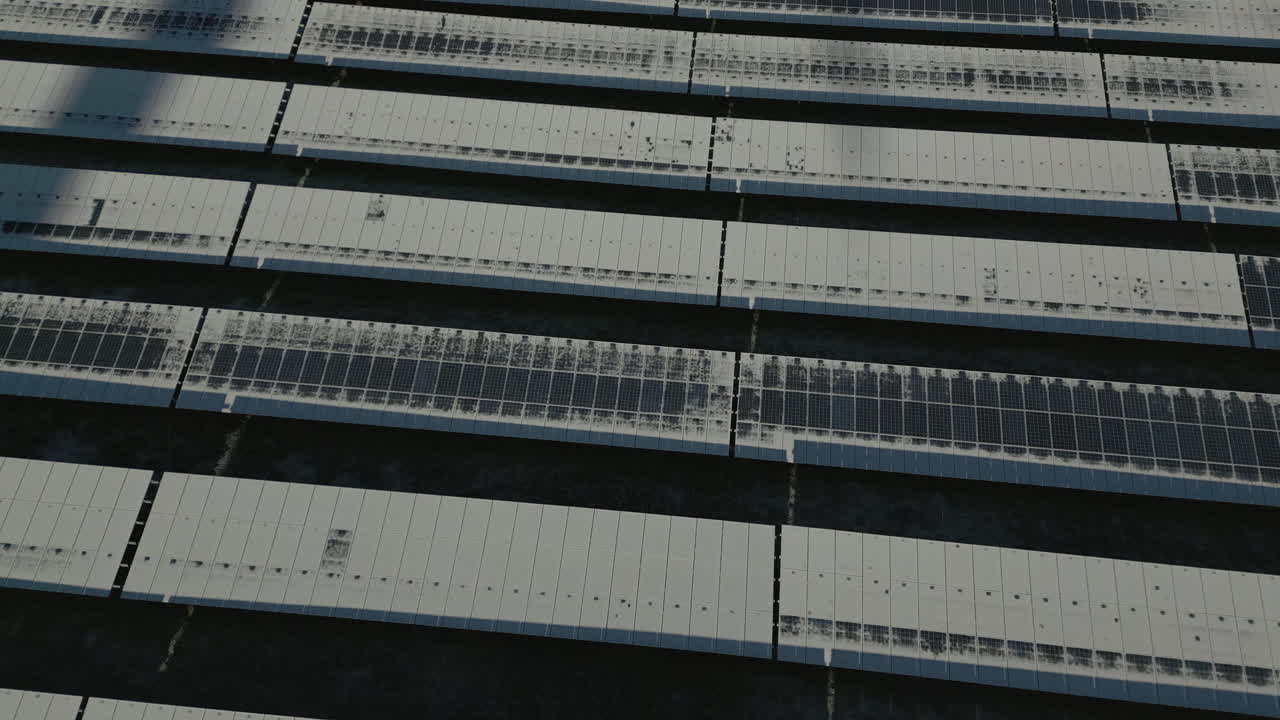 Paneles solares de una central de energía solar cubiertos de nieve y hielo, parcialmente descongelados, toma de dron en órbita lenta