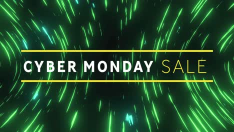 Animation-Eines-Cyber-Monday-Sale-Textbanners-über-Grünen-Lichtspuren,-Die-Sich-Vor-Schwarzem-Hintergrund-Drehen