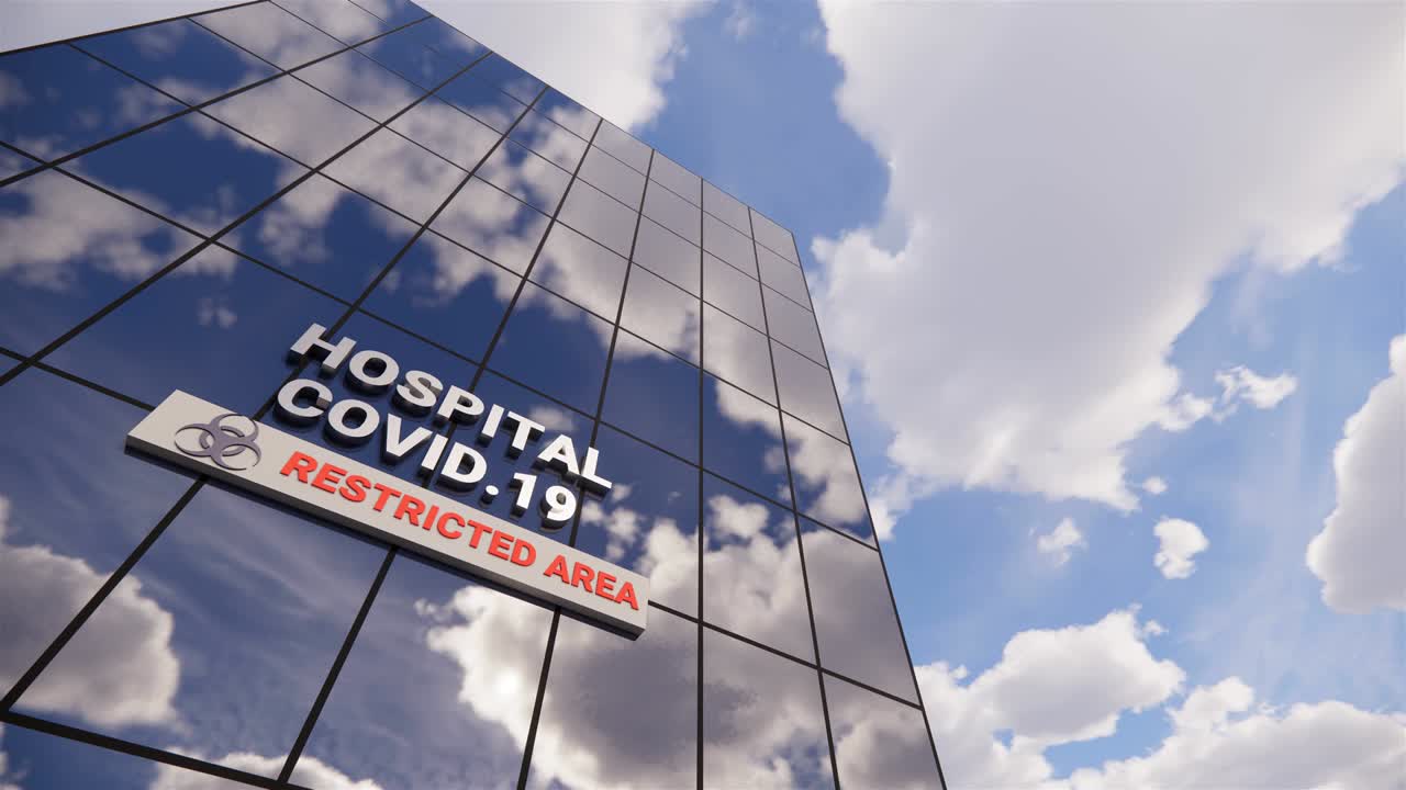 Área restrita de hospital Covid-19 em arranha-céu de vidro. Céu em time-lapse espelhado no edifício. Epidemia, pandemia de vírus. Conceito de saúde, clínica, emergência, assistência médica e medicina em animação de renderização 3D.