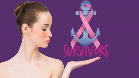 Animation-of-survivors-text-over-cuacasian-woman-on-purple-background