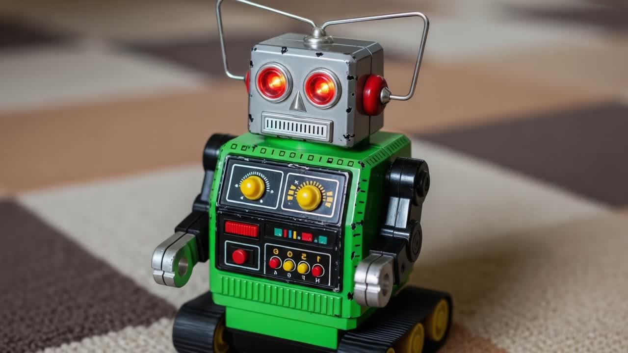 A Vintage Robot Toy Captured in Two Frames: Showcasing Its Unique Design, Colorful Buttons, and Detailed Features on a Textured Background