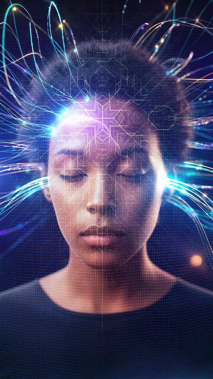 Giovane Donna in Meditazione con Attività Cerebrale Illuminata e Rete Neurale