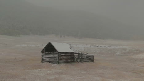 Open-Space-Evergreen-Colorado-first-snow-grassy-field-red-brown-horse-barn-aerial-drone-fall-autumn-winter-blizzard-snowy-Rocky-Mountain-front-range-Denver-historic-town-circle-left-motion