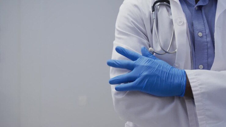 Busto di medico uomo con guanti chirurgici.