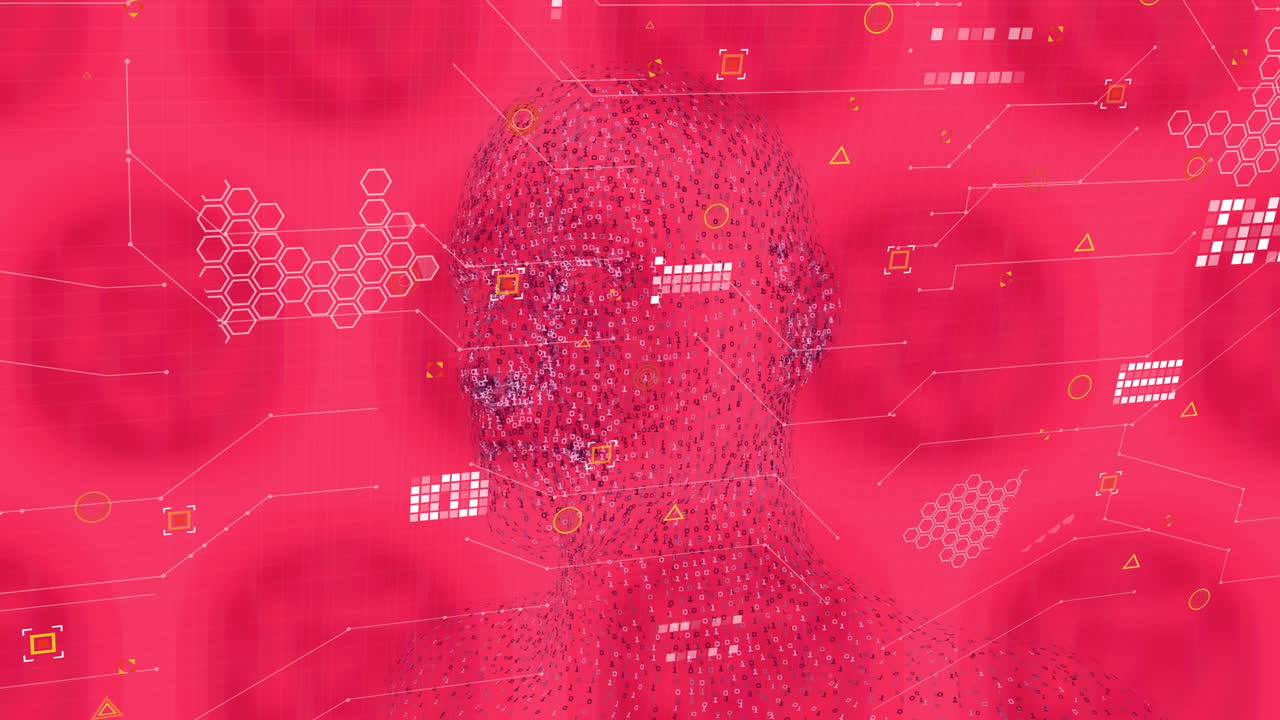Animation of icons, hexagons and human head model rotating on red background