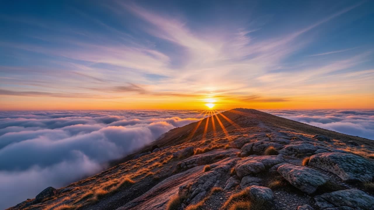 Breathtaking Sunset or Sunrise Over a Mountain Peak Above Clouds
