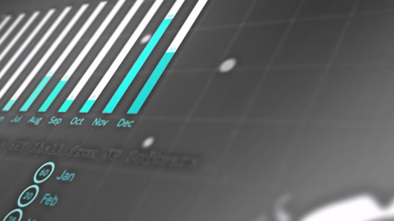 3D bar chart being animated on dark gray grid, with glowing turquoise and white ascending bars