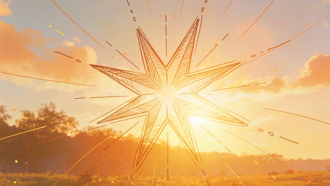Pulsing drawn eight-point star graphic reacting to rising sun over meadow, emitting embers