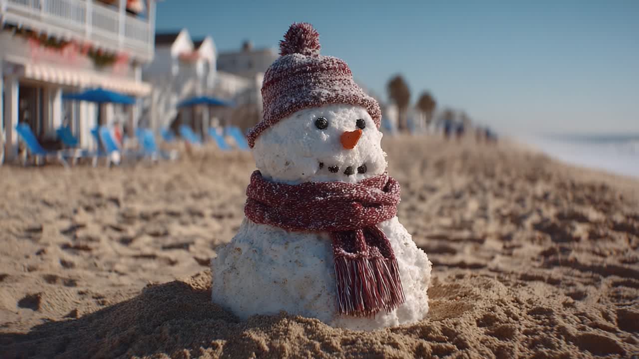 A Charming Sandy Snowman: A Lighthearted Holiday Scene on the Beach with Soft Waves and Clear Skies, Creating a Unique Contrast of Winter and Summer Elements