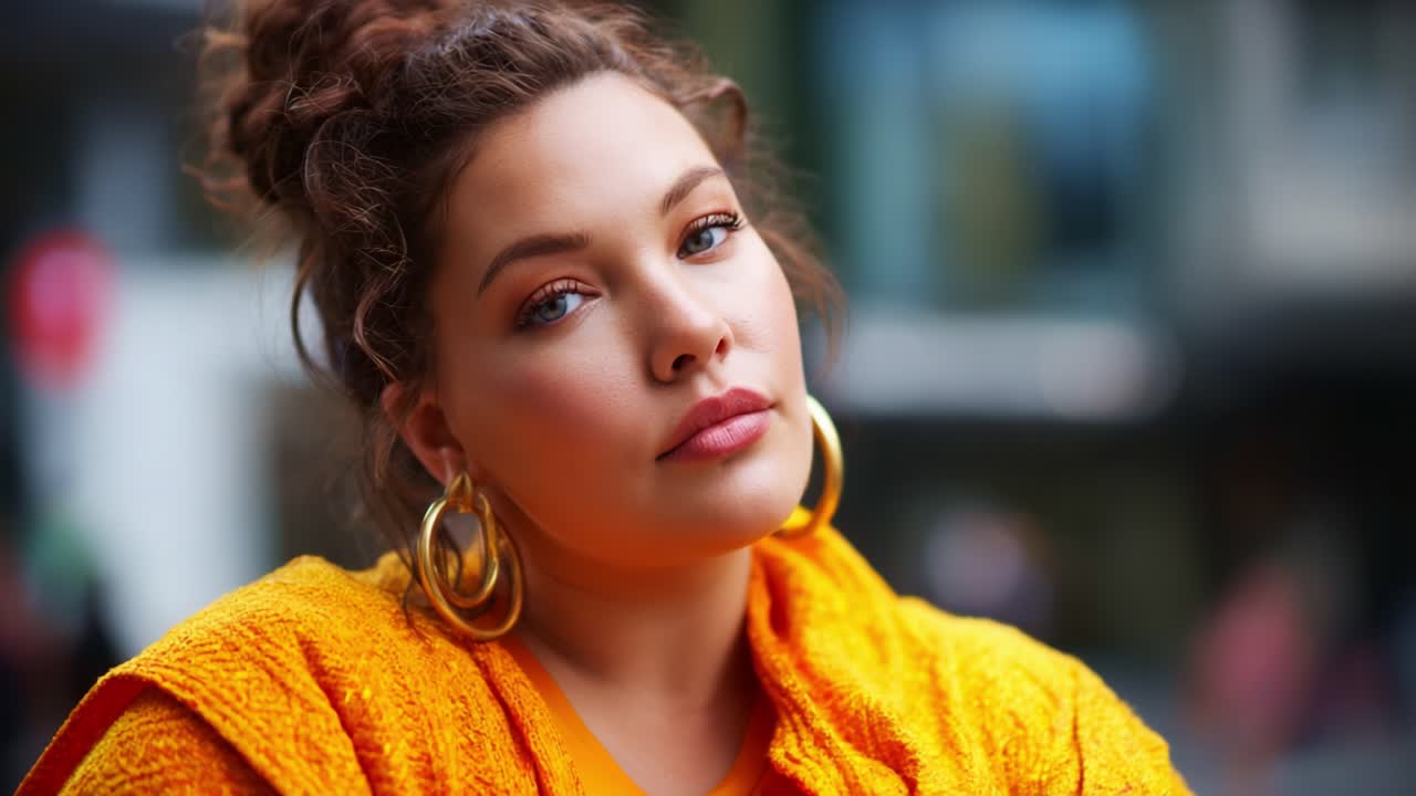 Una giovane donna con vivaci abiti arancioni e grandi orecchini, che trasuda sicurezza e calore, ritratta in due diverse inquadrature che mostrano la sua espressione pensierosa