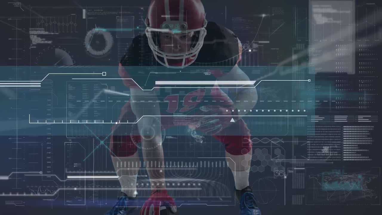 Animation of american football player over data processing on black background