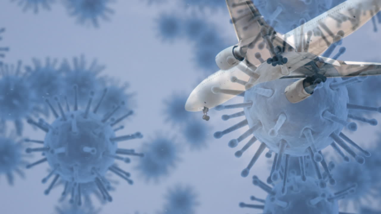 맥로 코로나 바이러스가 배경으로 날아다니는 비행기와 함께 퍼지고 있습니다.