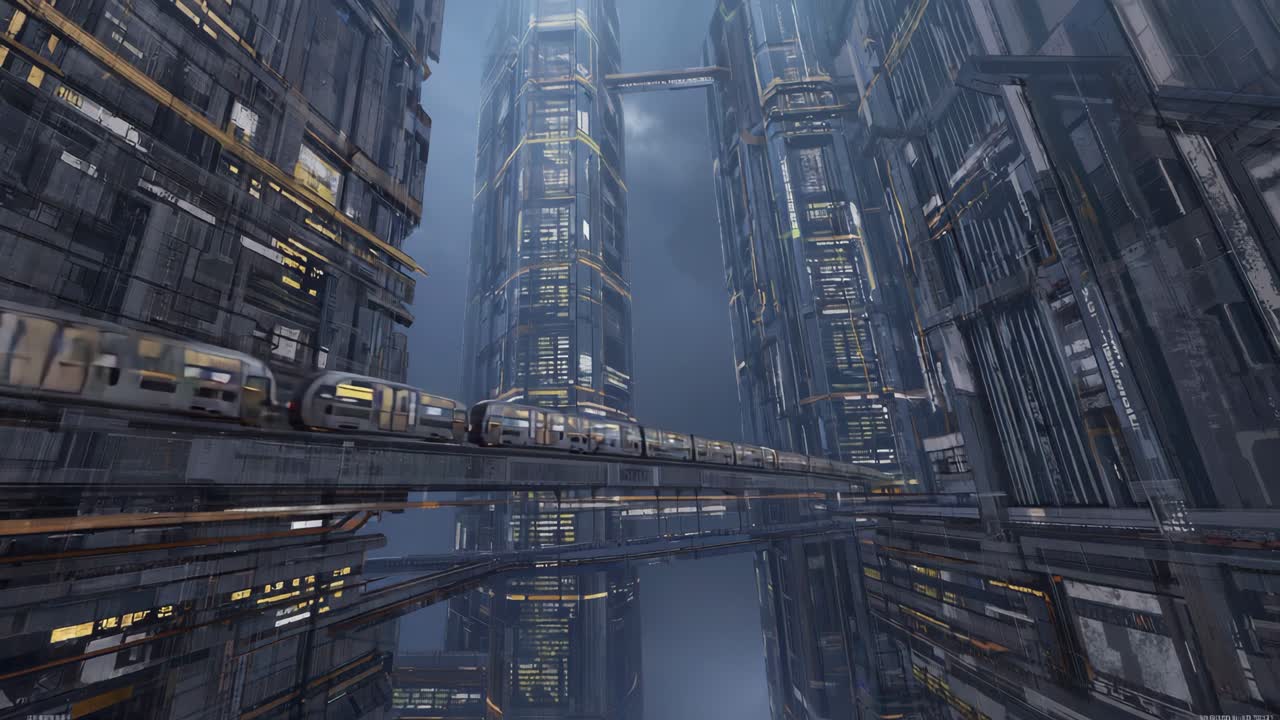 Futuristic Cityscape with Elevated Train and Towering Skyscrapers