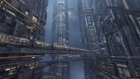 futuristic cityscape with elevated train and towering skyscrapers