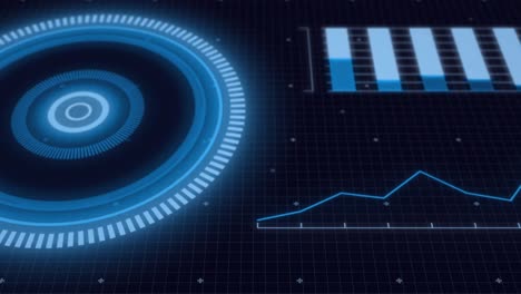 Animation-of-scope-scanning-and-data-processing-over-grid-on-blue-background