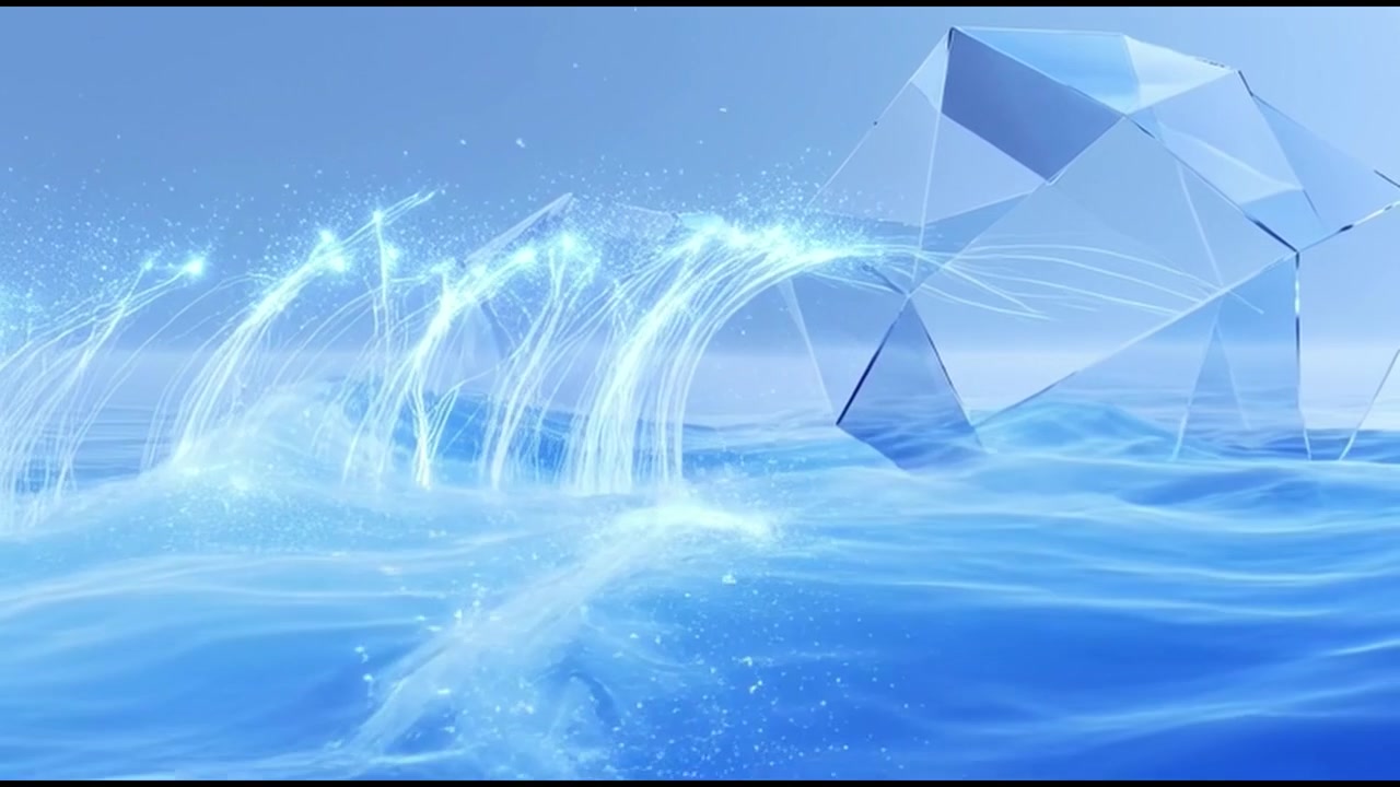 抽象3D動畫：平靜藍水上的發光光軌