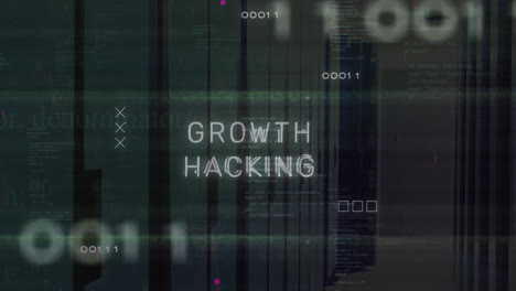 animación de texto de hacking de crecimiento y códigos binarios en lenguaje informático en la sala del servidor