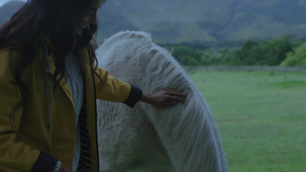 mujer joven india acariciando a un caballo sonriendo disfrutando de la vinculación cuidando a un animal doméstico amigo mostrando afecto en una hermosa granja rural