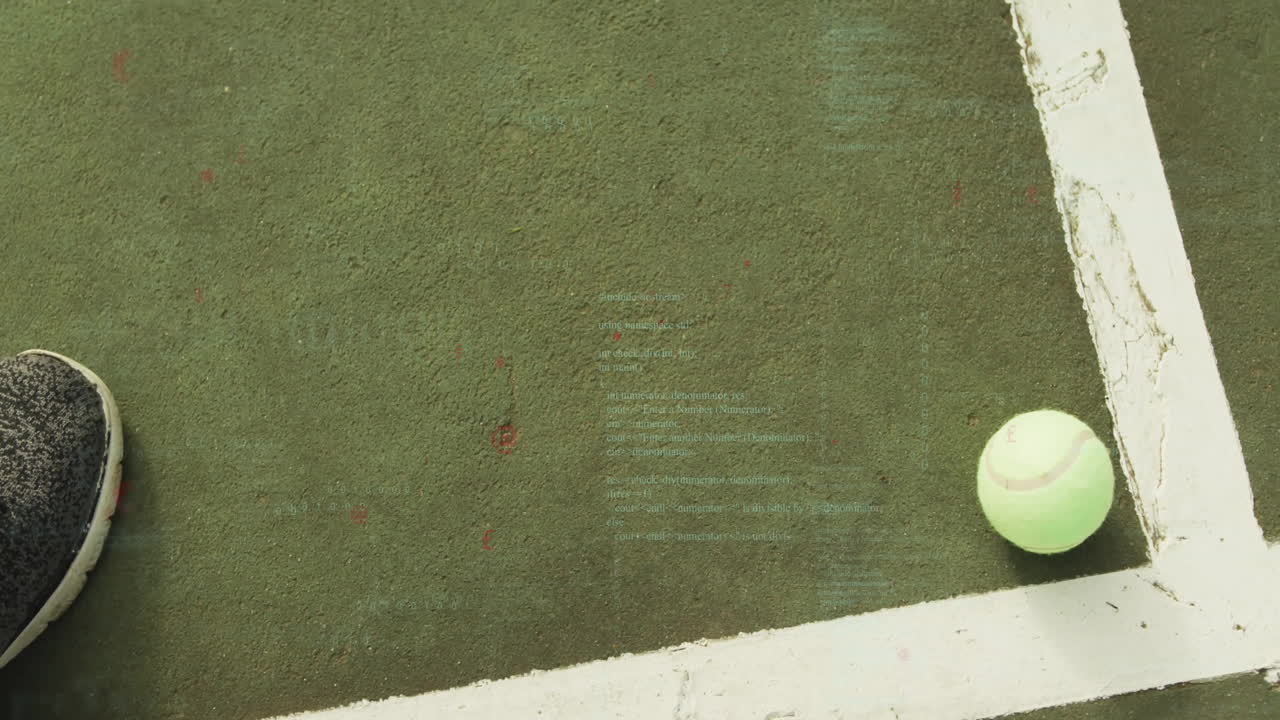 Neon green tennis ball with pink seam being placed on scuffed court surface, showing flat design