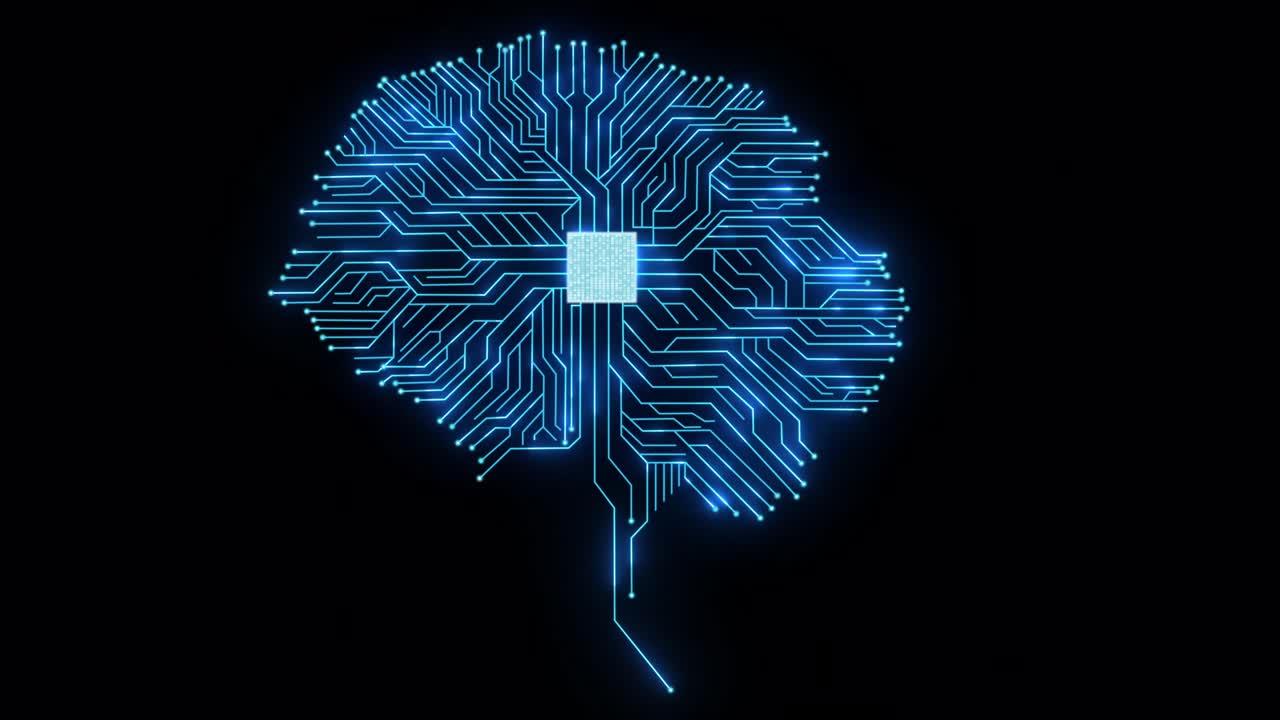 Brain circuit digital computer graphic background. AI microchip brain of robot futuristic technology.