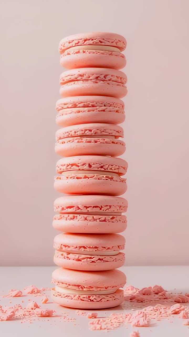 Vertical video: Zooming camera in studio, pink macaron stack staying centered for close-up, crumbs