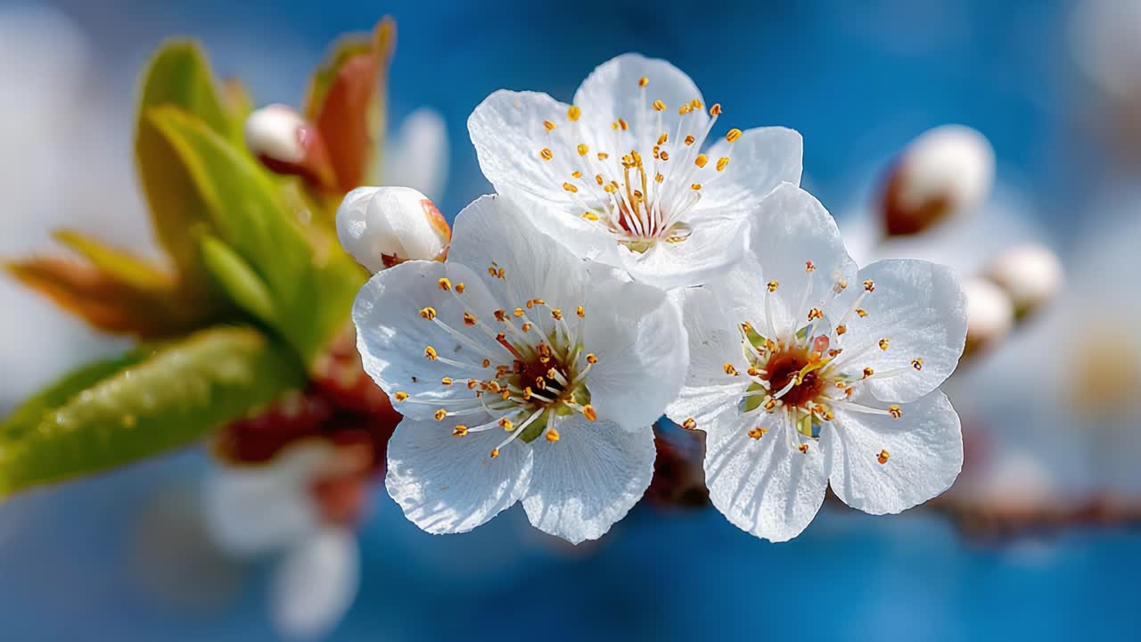 Un primo piano di fiori di ciliegio bianchi in fiore che mostrano i loro petali delicati, dettagli intricati e stami vibranti su uno sfondo blu sereno.