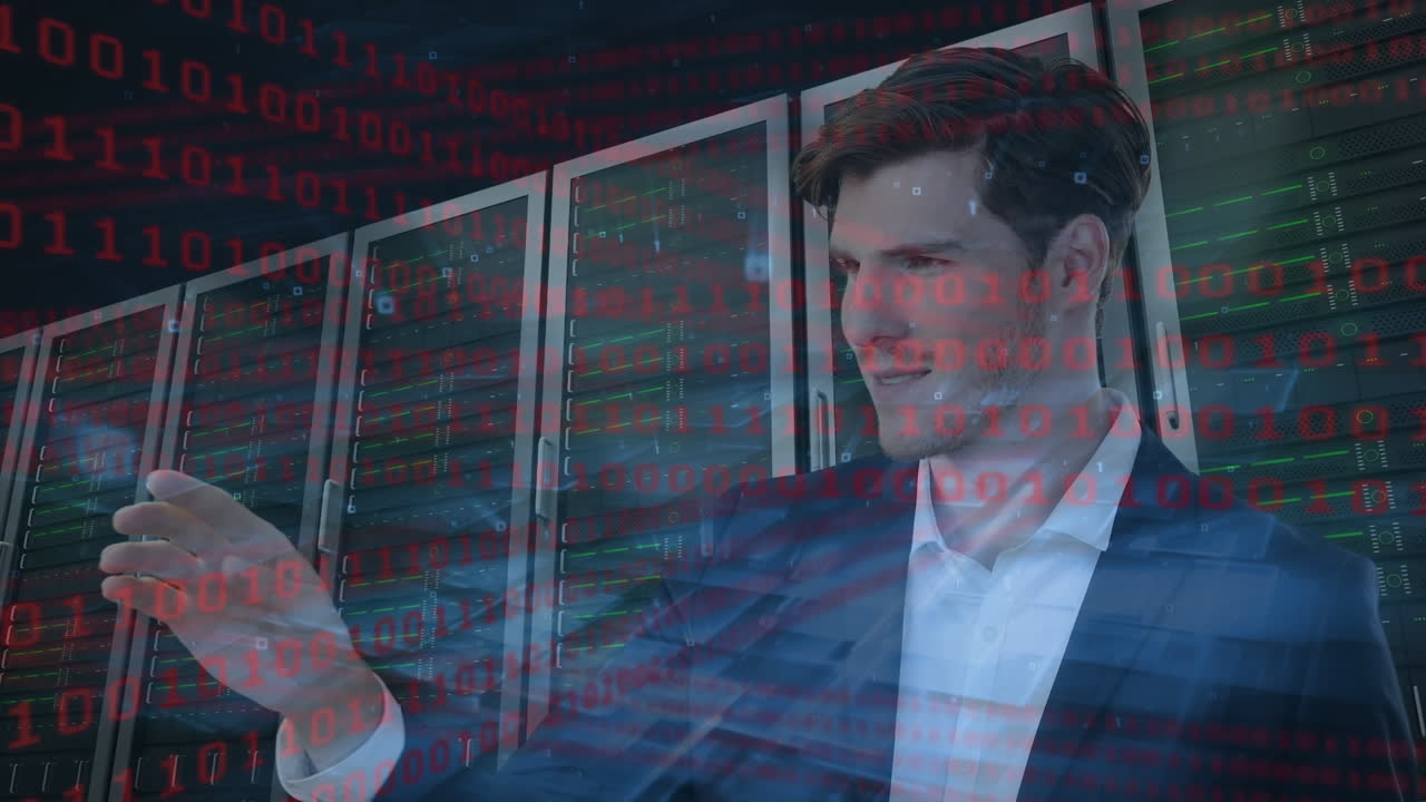 animación del procesamiento de datos sobre el hombre de negocios en la sala de servidores