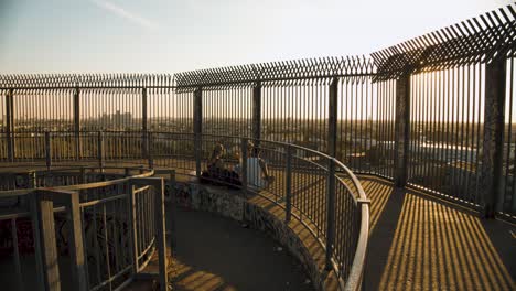 slow pan on viewing platform of flak tower in berlin during sunset