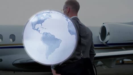 animation of globe rotating over businessman and jet plane on runway at airport