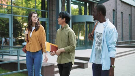 studenti caucasici, asiatici e afroamericani che parlano e ridono mentre camminano per strada vicino al college