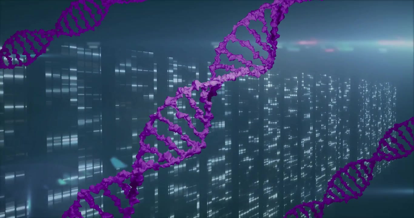 Purple DNA helix emerging from top-left corner rotating to visualize genetic data in data grid
