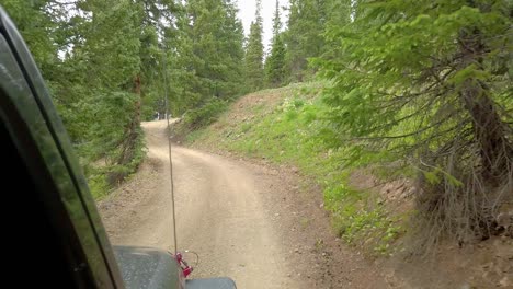 punto de vista mientras conduce un vehículo todoterreno en una parte boscosa del sendero de montaña del ingeniero a través de las montañas de san juan cerca de ouray colorado