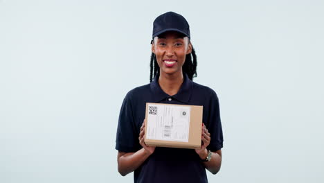 delivery, box and face with black woman