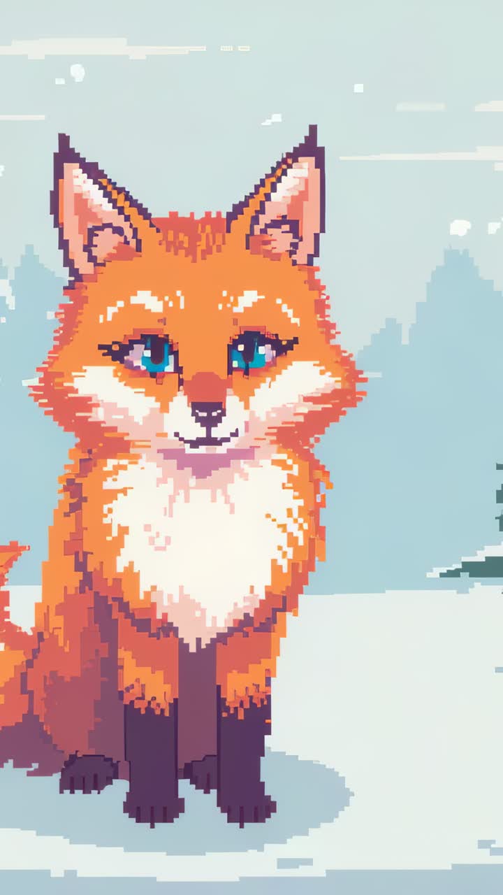 Video verticale: rendering in 3D di una volpe rossa in pixel art al minimo, che ammicca e respira sulla neve sotto un cielo pallido