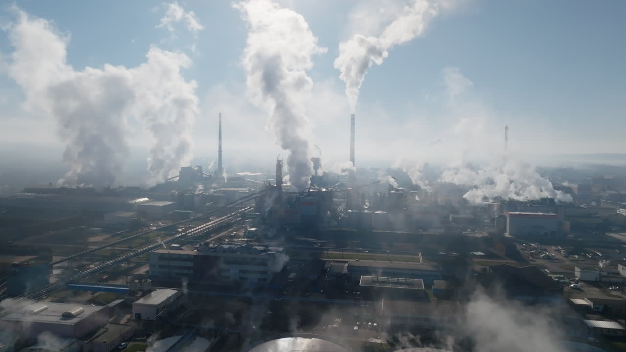 Ripresa con drone che cattura dense nuvole di vapore che si innalzano sopra la cartiera di Štětí, con lunghi edifici industriali e reti di strade e tubature sottostanti