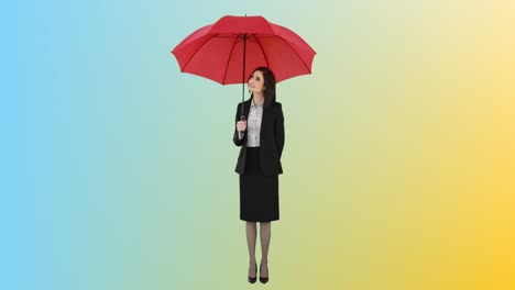 Animation-Einer-Kaukasischen-Geschäftsfrau-Mit-Rotem-Regenschirm-Auf-Blauem-Bis-Gelbem-Hintergrund