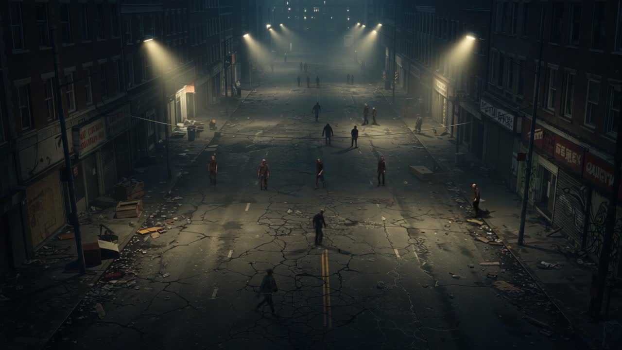 A Desolate Urban Landscape Shrouded in Fog, Enveloped by Dim Streetlights and Debris, Portraying an Eerie and Haunting Atmosphere of Abandonment