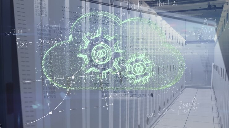 Animation af sky og tandhjul med matematiske formler over dataservere i et rum