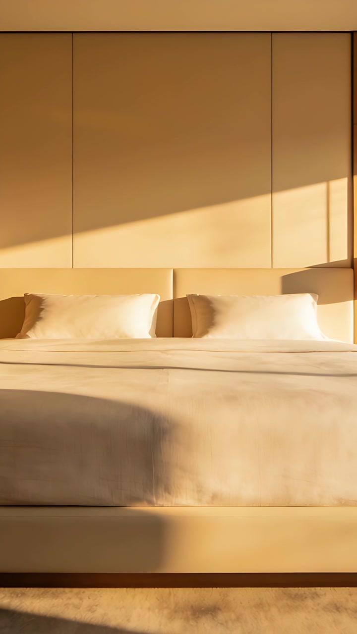 Vertical video: Moving sun casting light across king-size bed in warm bedroom, marking time