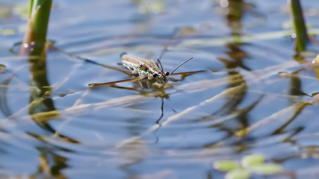 A Close-Up View of a Bug Skimming Across the Surface of a Tranquil Waterbody Surrounded by Lush Greenery, Capturing Nature's Delicate Details and Serene Beauty