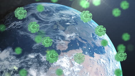 animation of covid 19 cells floating over globe