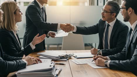 a dynamic business meeting: key moments in a professional negotiation between team members as they discuss important documents and reach agreements