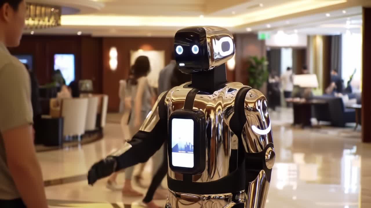 An Engaging Interaction with a Sophisticated Humanoid Robot in a Modern Lobby Setting, Showcasing Advanced Technology and Human-Robot Communication